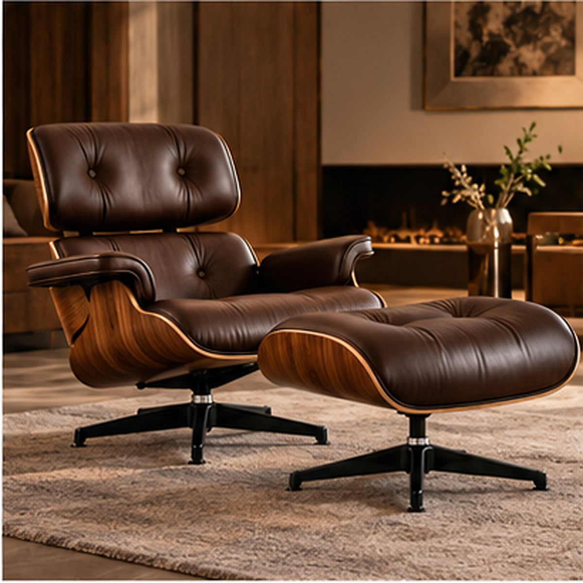 Eames Lounge Chair Replica & Matching Ottoman – Walnut Wood – Chocolate Brown / Black Base – premium lifestyle photo