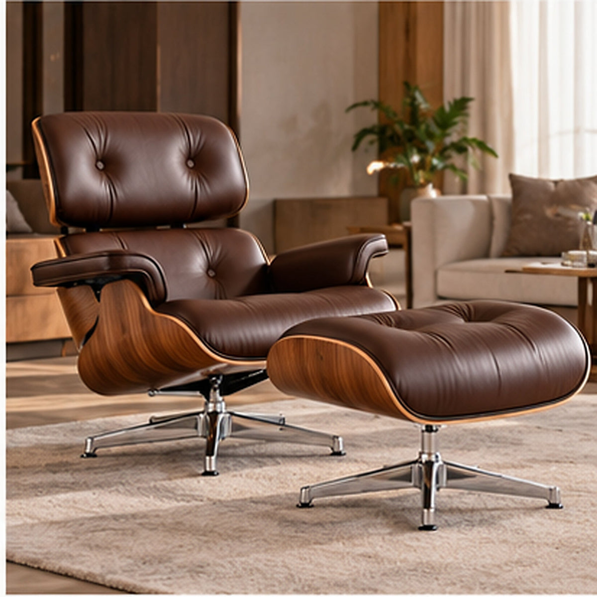 Eames Lounge Chair Replica & Matching Ottoman – Walnut Wood – Chocolate Brown / Chrome Base – premium lifestyle photo