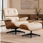 Eames Lounge Chair Replica & Matching Ottoman – Walnut Wood – Ivory White / Black Base – premium lifestyle photo