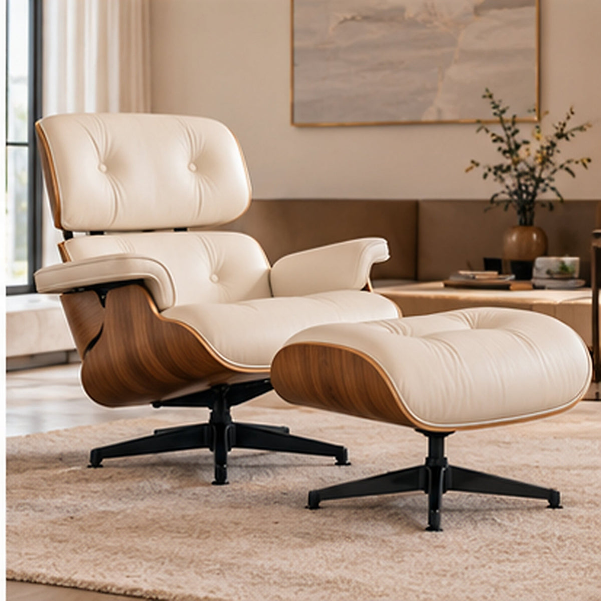 Eames Lounge Chair Replica & Matching Ottoman – Walnut Wood – Ivory White / Black Base – premium lifestyle photo