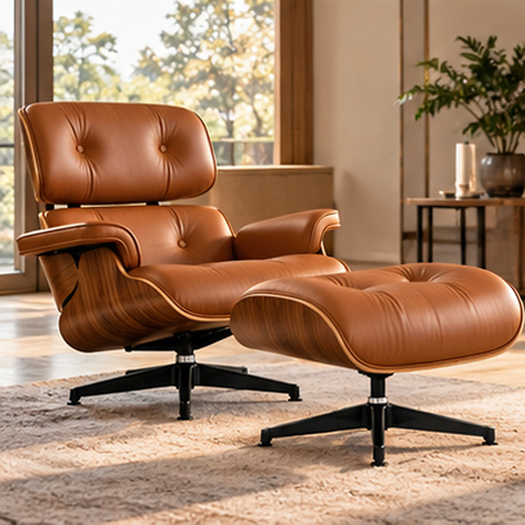 Eames Lounge Chair Replica & Matching Ottoman – Walnut Wood – Tan Brown / Black Base – premium lifestyle photo