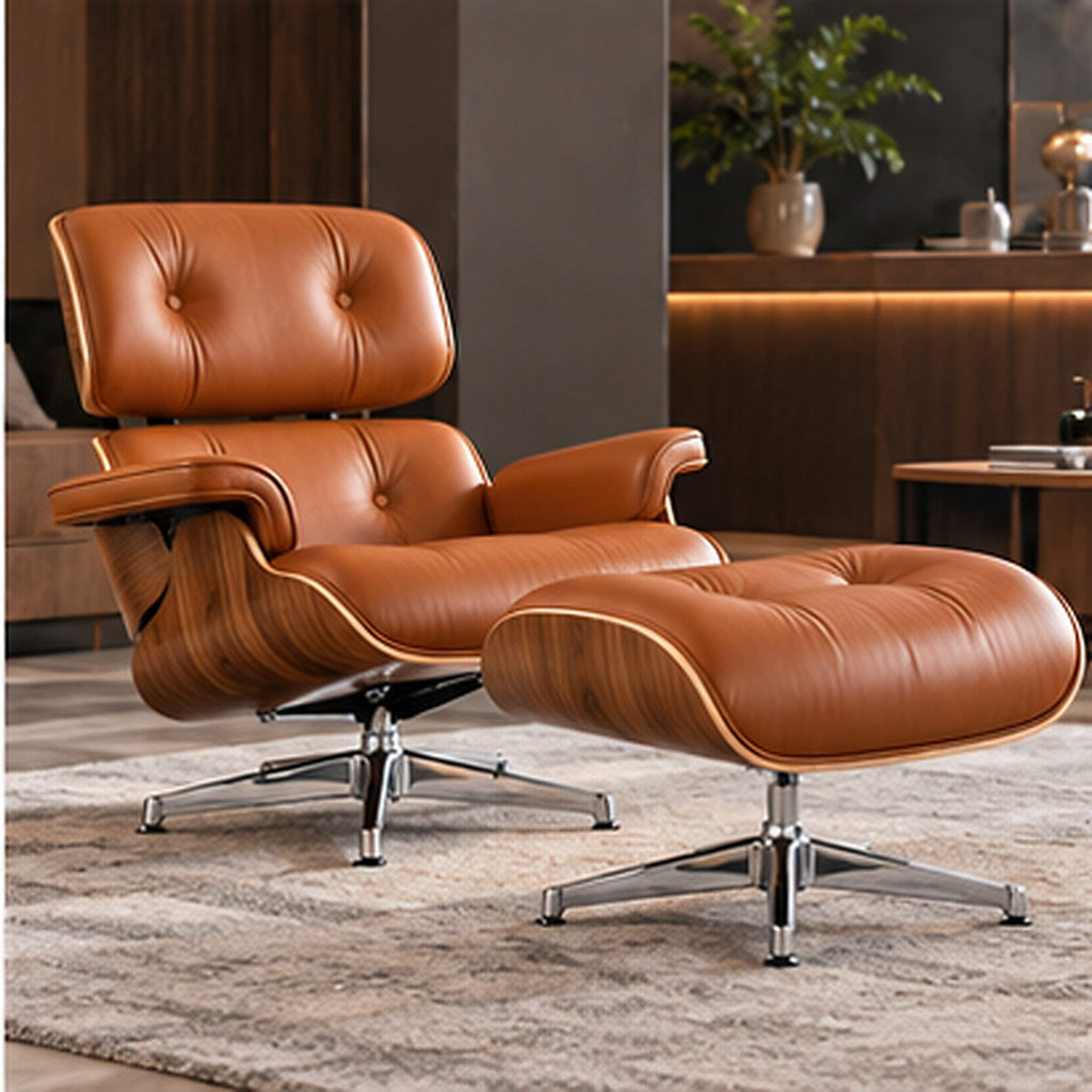 Eames Lounge Chair Replica & Matching Ottoman – Walnut Wood – Tan Brown / Chrome Base – premium lifestyle photo