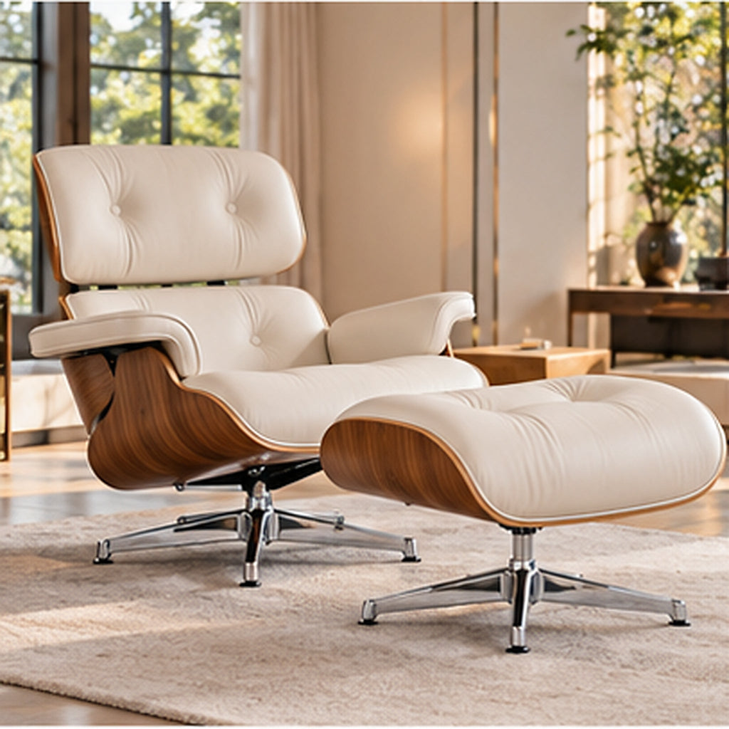 Eames Lounge Chair Replica & Matching Ottoman – Walnut Wood – White / Chrome Base – premium lifestyle photo