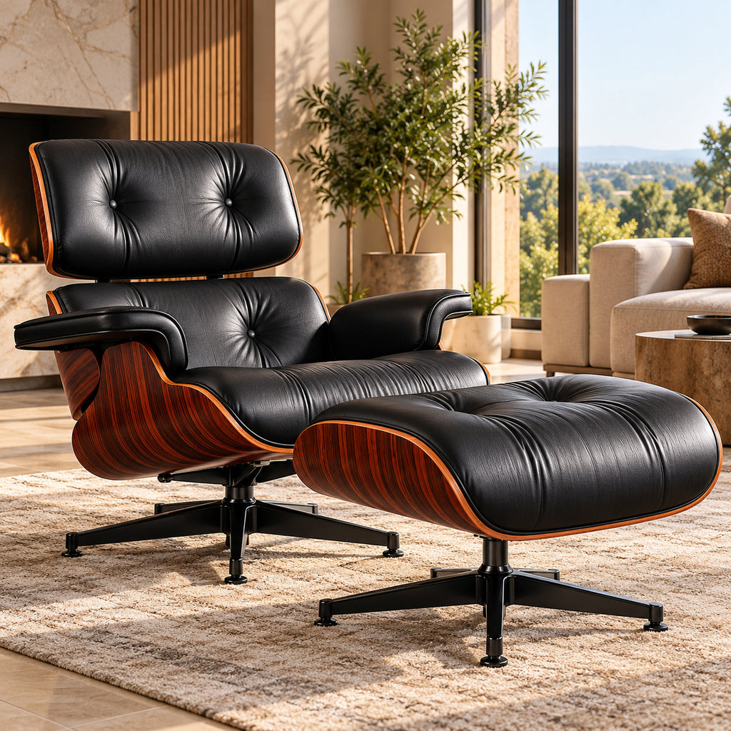 Eames Lounge Chair Replica & Matching Ottoman – XL Version / Black / Rosewood – premium lifestyle photo