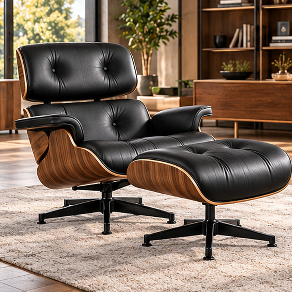 Eames Lounge Chair Replica & Matching Ottoman – XL Version / Black / Walnut Wood – premium lifestyle photo