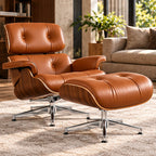 Eames Lounge Chair Replica & Matching Ottoman – XL Version / Tan Brown / Walnut Wood – premium lifestyle photo