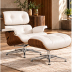 Eames Lounge Chair Replica & Matching Ottoman – XL Version / White / Walnut Wood – premium lifestyle photo