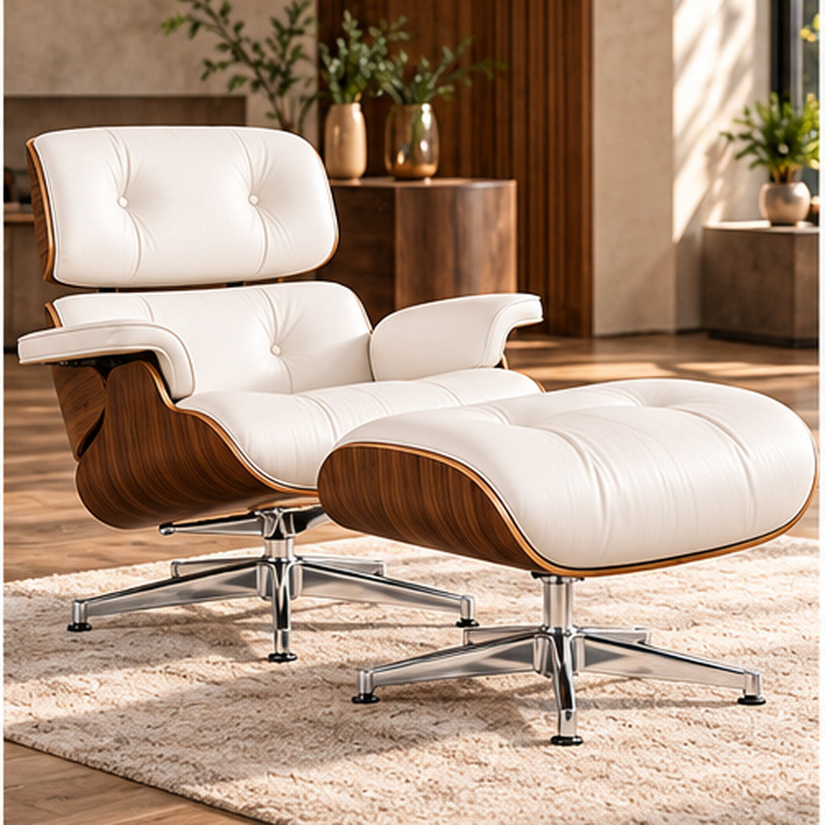 Eames Lounge Chair Replica & Matching Ottoman – XL Version / White / Walnut Wood – premium lifestyle photo