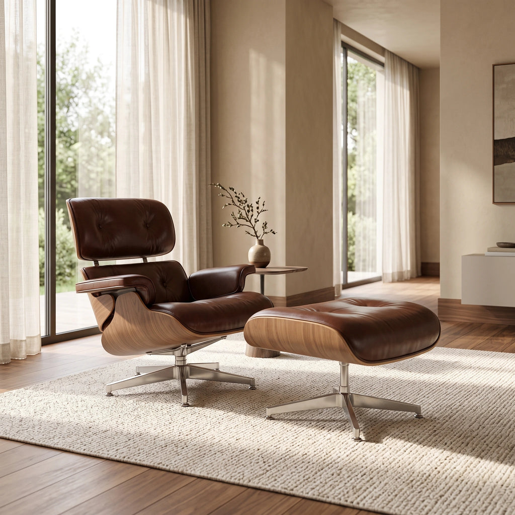 Eames Lounge Chair Replica & Ottoman - Vintage Tan Waxed Leather, Chrome Base