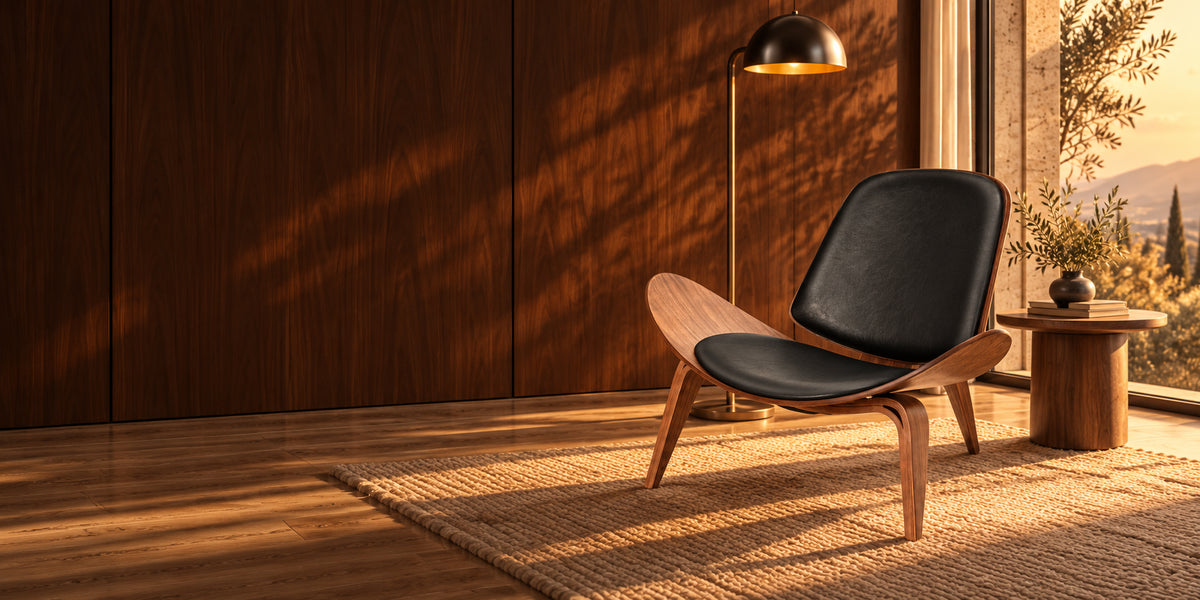 Black leather and walnut sculptural shell chair in a sunlit reading corner