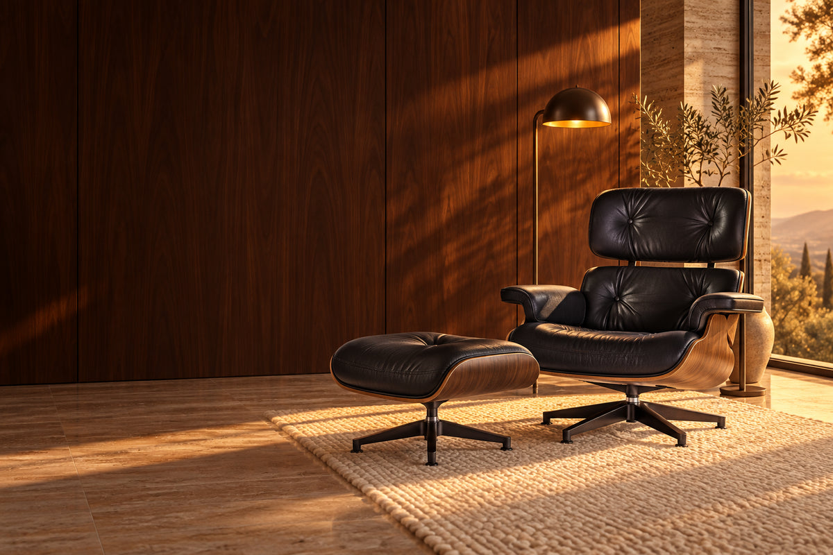 Black leather and walnut lounge chair in a sunlit mid century interior