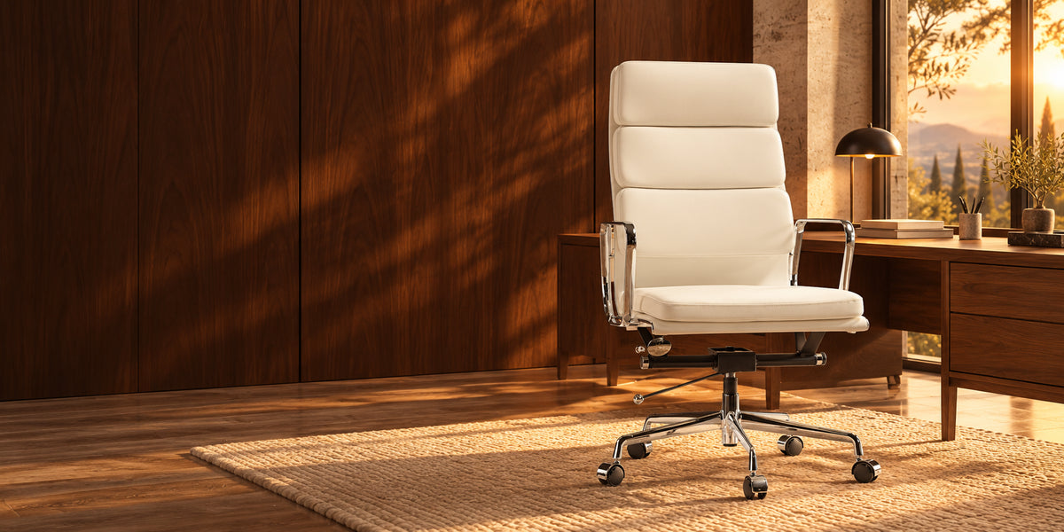 White leather and chrome office chair beside a walnut desk in warm sunlight